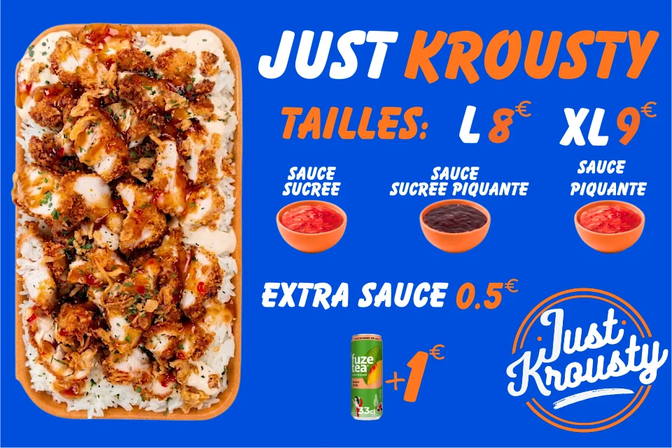 Carte Just Krousty : tailles, sauces et suppléments