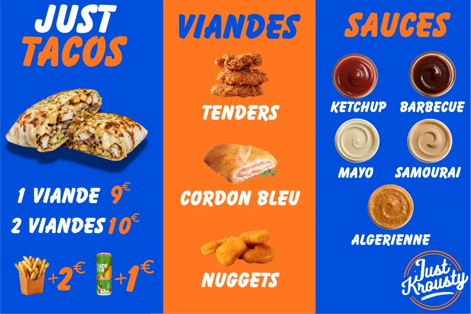 Carte Just Tacos : viandes, sauces et formules